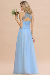 Elegant Long A-line Appliques Halter Chiffon Bridesmaid Dress Online-27Dress